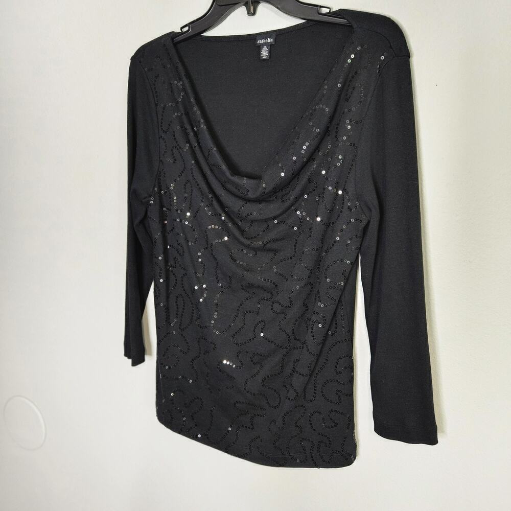 Women’s Rafaella Black Sequined Long Sleeve Knit Top Draped Neckline Sz M